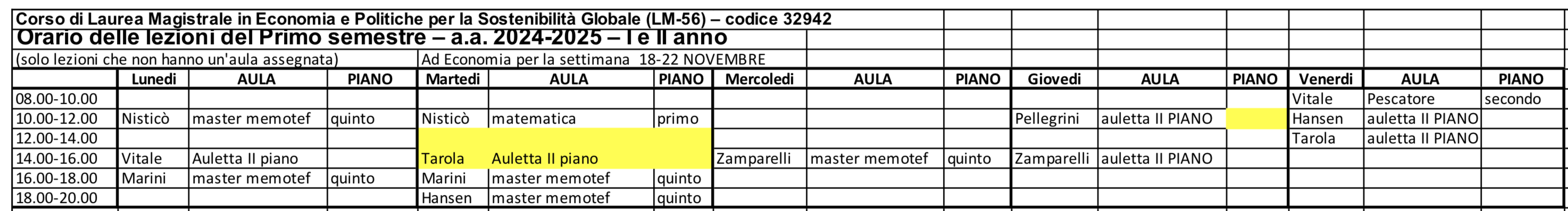 Schema orari lezioni settimana dal 18 al 22 novembre corso LM-56