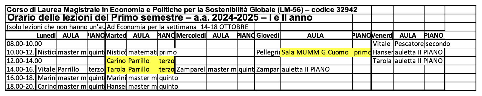 Orario lezioni LM-56 settimana 14-18 ottobre